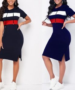 I2EzCasual Dresses for Women Comfortable Sports Hooded T Shirt Medium Women Dress Color Matching Stripe Women
