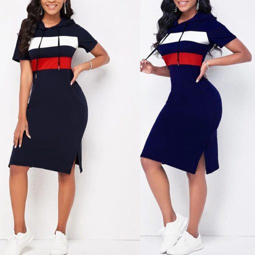 I2EzCasual Dresses for Women Comfortable Sports Hooded T Shirt Medium Women Dress Color Matching Stripe Women