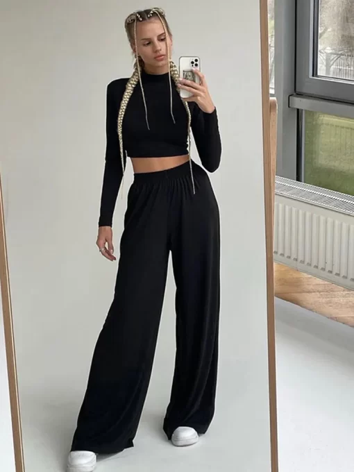 InstaHot Wide Leg Pant Women Two Piece Set Long Sleeve Solid Autumn Casual Outfit Matching Set.jpg