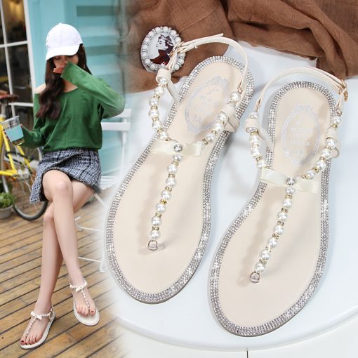 J5uxWomen sandals 2023 new summer shoes flat pearl sandals comfortable string bead beach slippers casual sandals
