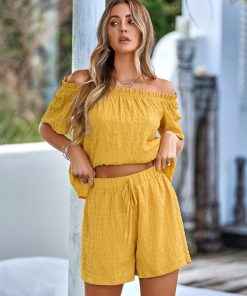 JDIySpring Summer Women Casual Short Sets Elegant Off Shoulder Fashion Loose Solid Fashion Sweet Yellow Slim
