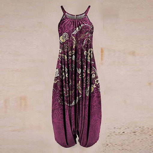 JG4cIn Stock Jumpsuits For Women Dressy Sleeveless Spaghetti Strap Romper Elastic Waist Harem Pant Vintage Pockets