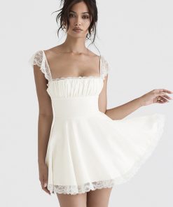 JJB7Mozision Elegant White Lace Strap Mini Dress For Women Fashion Sleeveless Backless Loose Sexy Short Dresses