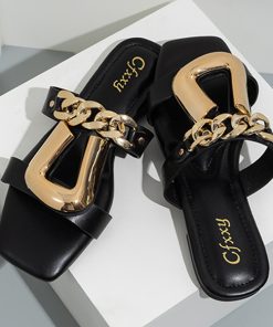 JPasWomen s Slippers Personalized Chain Fashion Buckle Wear Sandals Open Toe Outdoors Flat Sandals Luxurious Black