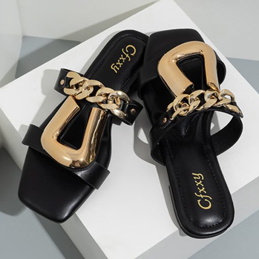 JPasWomen s Slippers Personalized Chain Fashion Buckle Wear Sandals Open Toe Outdoors Flat Sandals Luxurious Black