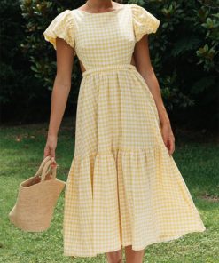 JeToForidol Puff Sleeve Gingham Print Vintage Backless Yellow Elegant Summer A line Dress Plaid Women Long