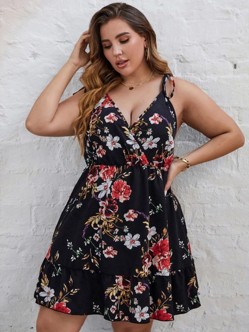 KOP9Plus Size Elegant Women Summer Midi Dress 4xl 2022 Curvy Large Size Black Floral Print Sleeveless