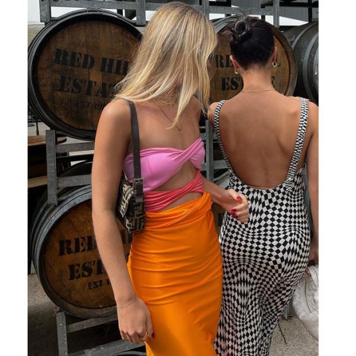KZ7UHollow Out Sleeveless Backless Summer Beach Dresses Party Club Midi 2022 Patchwork Y2K Strapless Bodycon Dress
