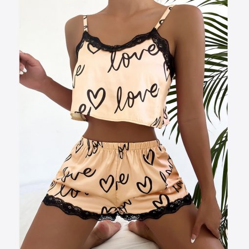 LRzgTwo Pieces Set Women S Pajama Shorts Suit Print Underwear Pijama Sexy Lingerie Camisoles Tanks Nighty