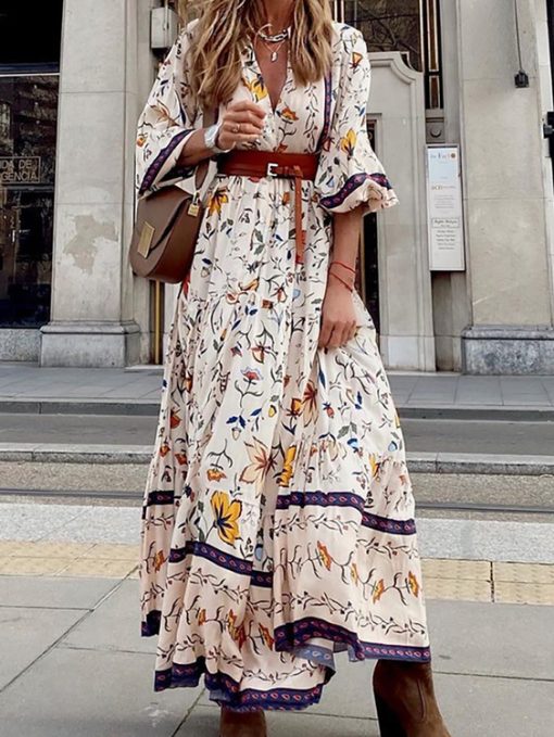 M3FzWomen Bohemian Print V Neck Streetwear Dress Casual Summer Loose Long Sleeve Dress Vintage Female Slim