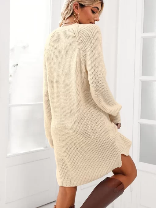 MISS PETAL Beige V neck Sweater Dress For Woman Sexy Button Long Sleeve Mini Dress 2023.jpg 2
