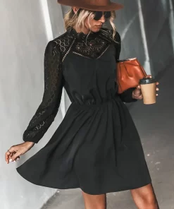 MISS PETAL Lace Trim A Line Mini Dress For Woman Black Sexy Cut Out Long Sleeve.jpg 1