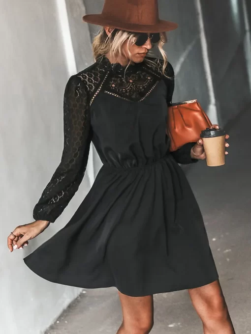 MISS PETAL Lace Trim A Line Mini Dress For Woman Black Sexy Cut Out Long Sleeve.jpg 1