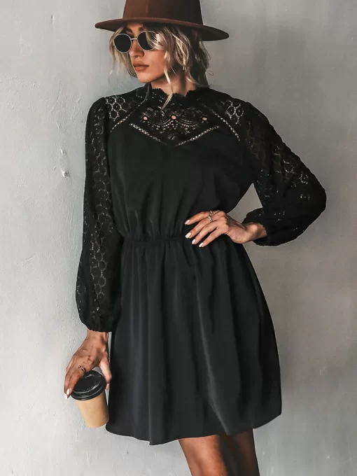 MISS PETAL Lace Trim A Line Mini Dress For Woman Black Sexy Cut Out Long Sleeve.jpg 2