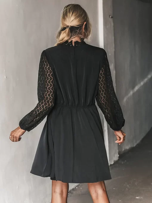 MISS PETAL Lace Trim A Line Mini Dress For Woman Black Sexy Cut Out Long Sleeve.jpg 3