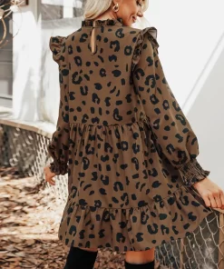 MISS PETAL Leopard Print Ruffled Mini Dress For Women Sexy Mock Neck Long Sleeve Loose Dresses.jpg 1