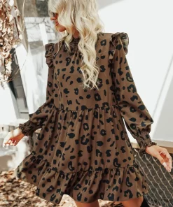 MISS PETAL Leopard Print Ruffled Mini Dress For Women Sexy Mock Neck Long Sleeve Loose Dresses.jpg 2