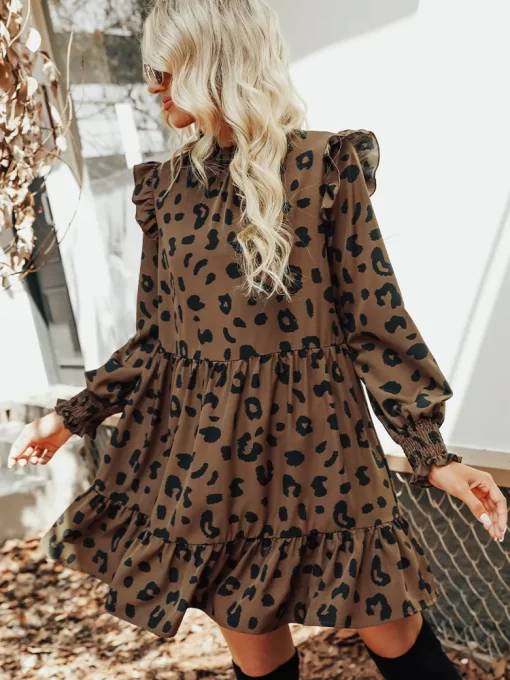 MISS PETAL Leopard Print Ruffled Mini Dress For Women Sexy Mock Neck Long Sleeve Loose Dresses.jpg 2