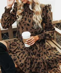 MISS PETAL Leopard Print Ruffled Mini Dress For Women Sexy Mock Neck Long Sleeve Loose Dresses.jpg