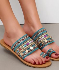 NDfSRimocy Women Flat Bohemian Sandals Summer Anti Slip Beach Flip Flops Woman Metal Decoration Clip Toe