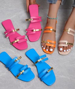 NcoIWomen s Slippers 2022Summer Gold color Thin belt combination Square Head Flat Heel Female plus size