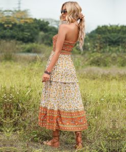NthFWildPinky 2023 New Women Vintage Floral Print Ruffle Layers Long Dress Female Boho Strapless Orange Beach