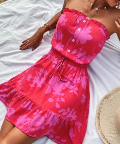 OFQ4Sexy Strapless Floral Dress Boho 2022 New Summer Woman Fashion Casual Sweet Beach Party Mini Dresses