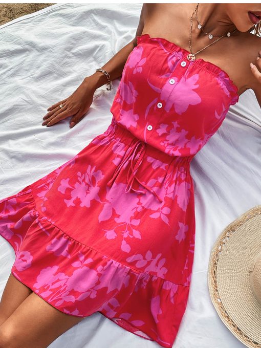 OFQ4Sexy Strapless Floral Dress Boho 2022 New Summer Woman Fashion Casual Sweet Beach Party Mini Dresses