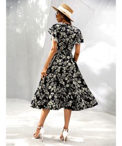 OK28LiTi Women Casual Style V neck Floral Ruffle Sleeve Split High Waist Dress A line Dress