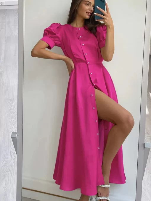OOTN Rose Red Robe Office Summer O Neck Lantern Sleeve Pearls Button Midi Dress Elegant Party.jpg 1