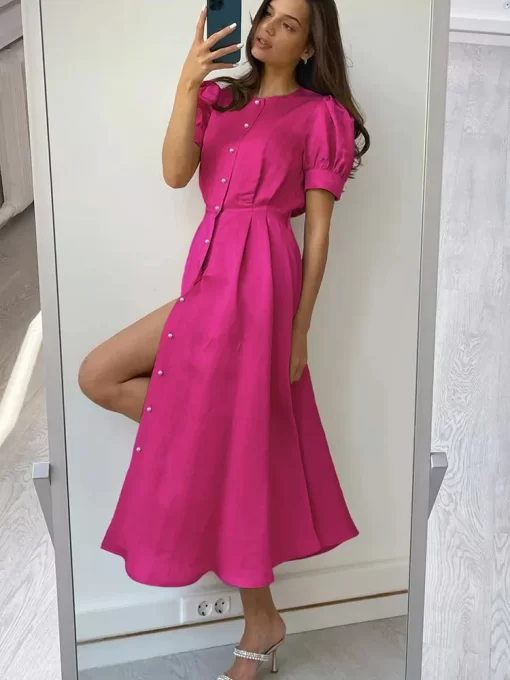 OOTN Rose Red Robe Office Summer O Neck Lantern Sleeve Pearls Button Midi Dress Elegant Party.jpg 2