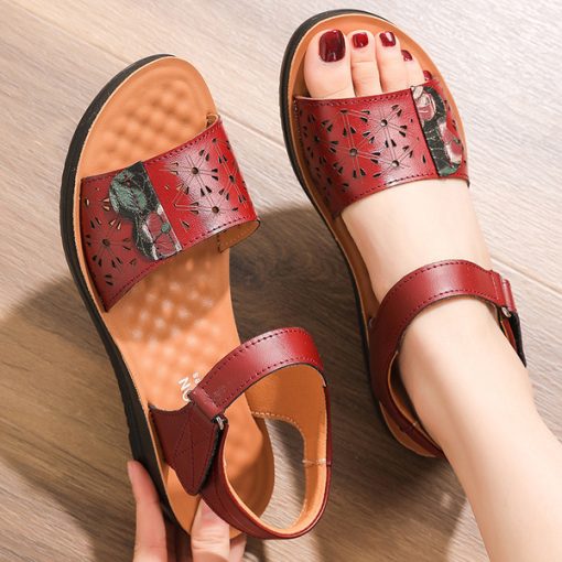 Oo0GSummer Woman Sandals Genuine Leather Women Soft Bottom Casual Non slip Flat Sandals Ladies Walking Shoes