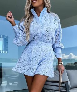 Q9h8Spring Long Sleeve Shirt Embroidery Shorts Pants Suit Fashion Women Solid Office Matching Set Elegant Lace
