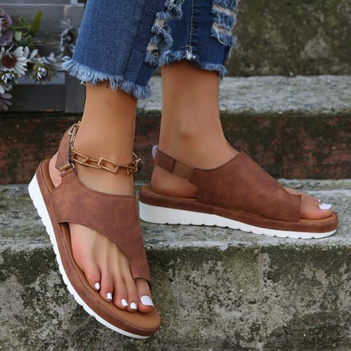 QAFPWomen PU Leather Shoes Comfy Platform Flat Sole Ladies Casual Soft Big Toe Foot Correction Sandal