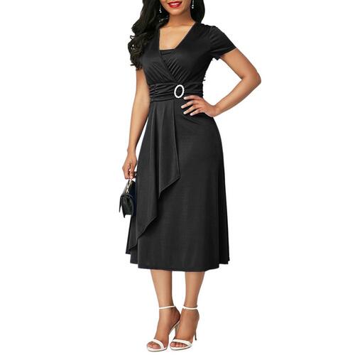 QD9vPlus Size Dress Elegant Women Solid Color Short Sleeve V Neck Asymmetric Hem Waist Tight Midi
