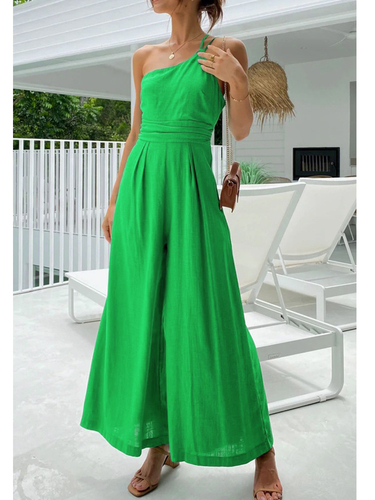 QHPEForidol Waist Folds Backless Double Strap Casual Wide Leg Jumpsuit Long Pants Green 2023 New Female