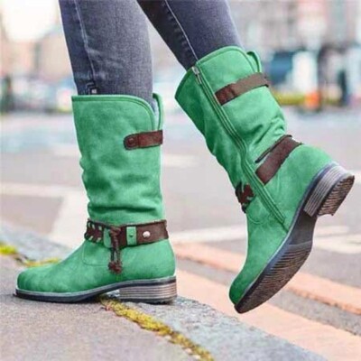 QreNWomen Boots Winter Plus Velvet Warm Shoes Fashion Buckle Solid Color Mid Calf Boots Round Toe