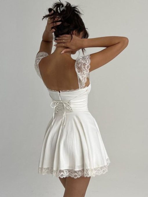 R6K5Mozision Elegant White Lace Strap Mini Dress For Women Fashion Sleeveless Backless Loose Sexy Short Dresses