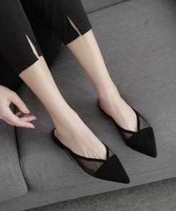 RxxMBaotou Half Slippers Women s Mesh Hollow out All match Fitting Shoes Suede Pointed Toe Lazy