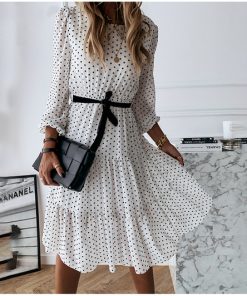 Simple O neck White Polka Dot Maxi Dress Womens Fashion Long Sleeve Chiffon Casual Party Vestidos Clothes.