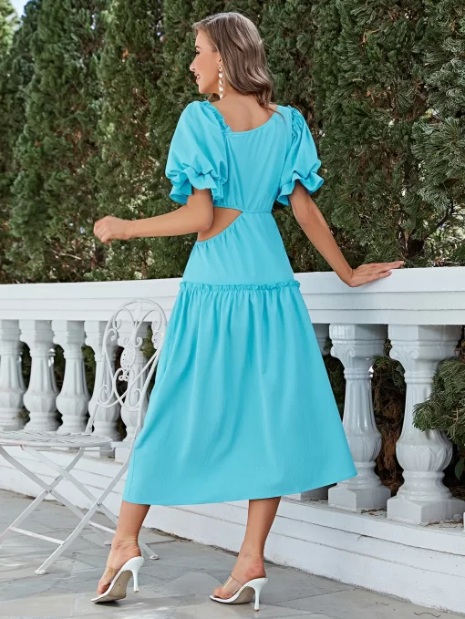 Simplee 2023 Oblique Collar Solid Color Bubble Sleeve Hollowed Out Waist Women Dress Mid Calf Vestidos.jpg 1