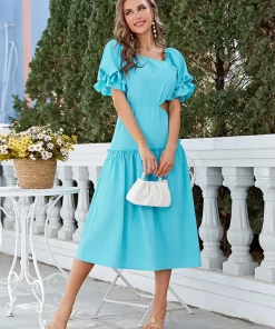 Simplee 2023 Oblique Collar Solid Color Bubble Sleeve Hollowed Out Waist Women Dress Mid Calf Vestidos.jpg