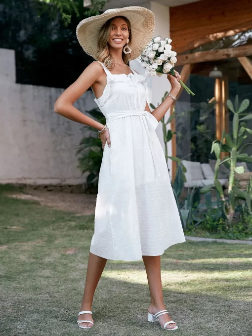 Simplee Cotton a line straps lace up summer dress women White ruffle high waist long dress.jpg 2