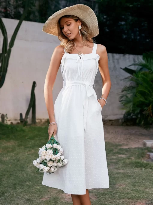Simplee Cotton a line straps lace up summer dress women White ruffle high waist long dress.jpg