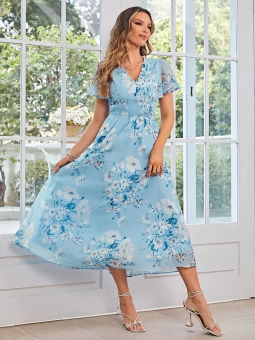 Simplee Elegant Women Light Blue Floral Printed Dress V neck Casual Maxi Office Lady Short Sleeves.jpg 1