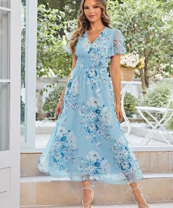 Simplee Elegant Women Light Blue Floral Printed Dress V neck Casual Maxi Office Lady Short Sleeves.jpg