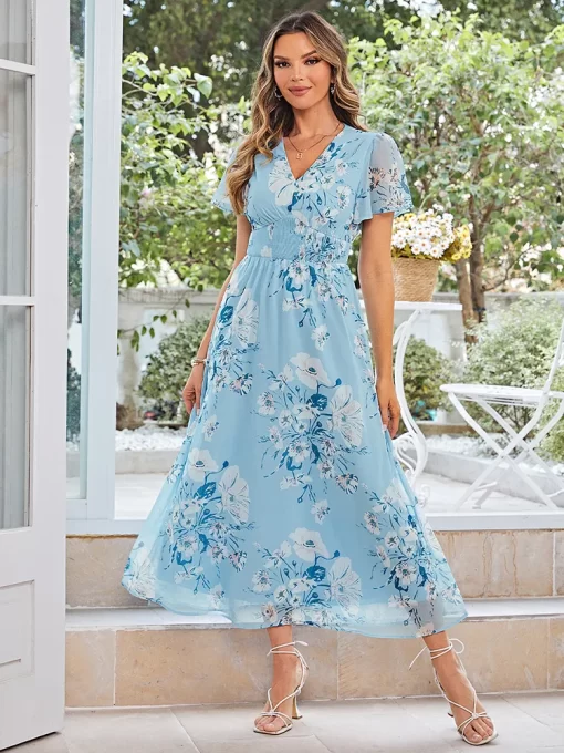 Simplee Elegant Women Light Blue Floral Printed Dress V neck Casual Maxi Office Lady Short Sleeves.jpg