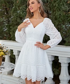 Simplee Spring Summer Women Elegant Lace Embroidery Dresses Holiday Deep V neck Long Sleeves Ruffle Mini.jpg