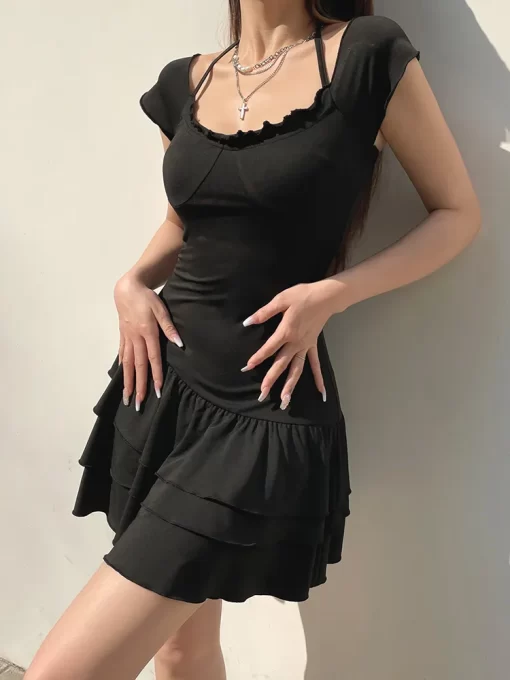 Sweetown Ruffles Hemline Korean Fashion Black Kawaii Dresses For Women 2023 Square Collar Short Sleeve Casual.jpg 1