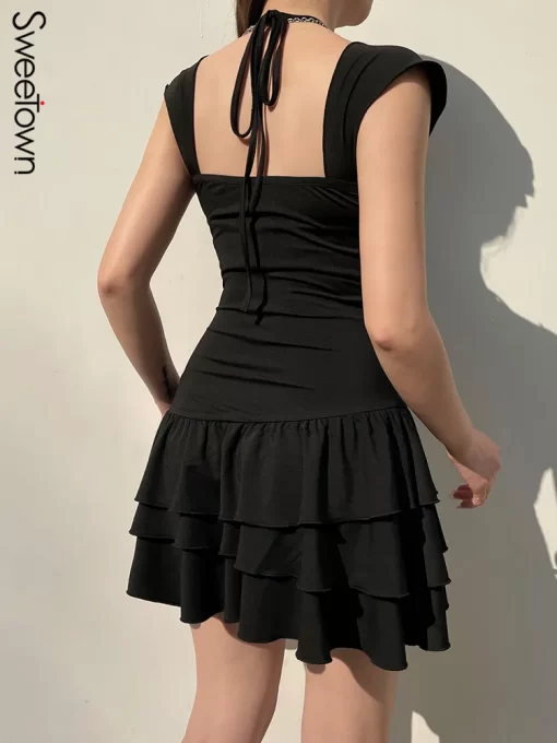 Sweetown Ruffles Hemline Korean Fashion Black Kawaii Dresses For Women 2023 Square Collar Short Sleeve Casual.jpg 2